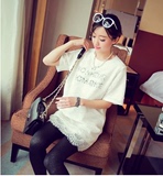 春季新款女韩版中长款蕾丝打底衫假两件短袖字母T恤