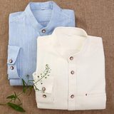 夏季韩版男士亚麻立领白衬衫长袖修身纯色衬衣休闲翻领棉麻