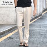 香港代购ZARA男装夏季休闲男士长裤薄款亚麻修身直筒松紧扣裤子潮
