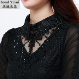 2015春秋新款韩版女装T恤 娃娃领蕾丝网纱拼接长袖打底衫8001