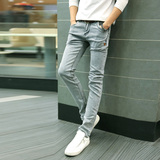 韩版男士牛仔裤灰色男装修身小脚裤磨白雪花复古拉链青年铅笔男裤