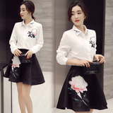 2015春季新品时尚修身大码女装两件套装韩版印花长袖衬衫半身裙子