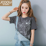 jcoolstory韩国2016夏装新款图画韩版印花学生宽松短袖T恤女纯棉