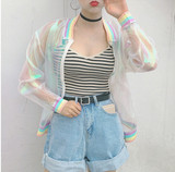 韩国原宿风彩色蝙蝠袖外套女薄款彩虹领拼接学生棒球衫夏季防晒服