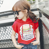 女童夏季韩版纯棉短袖带帽短款T恤小童连帽休闲宽松红色上衣薄款