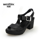 Westlink西遇夏季新款牛皮T型扣带防水台粗跟高跟凉鞋女鞋