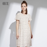 【F】Oece2016夏装新款女装 复古V领短袖收腰碎花雪纺连衣裙