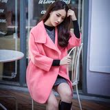 韩国正品代购秋冬装粉色宽松茧型中长款羊毛呢子外套韩板加厚大衣