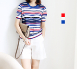 日本代购夏季新款女装 宽松条纹短袖上衣 薄款印花圆领套头针织衫