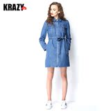 Krazy2016春装 纯棉 系腰丹宁衬衫式收腰修身长袖牛仔连衣裙