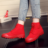 人本新款帆布鞋女高帮系带休闲鞋大红色青年板鞋上班女士单鞋布鞋