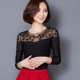 秋装新款韩版女装圆领打底蕾丝衫 黑色修身薄款网纱长袖T恤小衫女