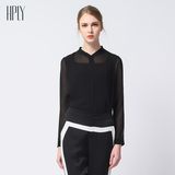 HPLY(荷比俪)2016春新款气质女装黑色纯色透视雪纺修身长袖衬衫