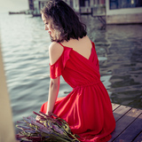 2016夏季新品短裙子红色荷叶边短袖吊带雪纺连衣裙波西米亚沙滩裙