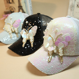 韩国新款春夏新款时尚个性蝴蝶花朵珍珠亮片棒球帽鸭舌帽女潮帽子