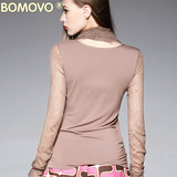 Bomovo2016秋季纯色女装蕾丝长袖拼接修身打底衫名媛百搭显瘦T恤