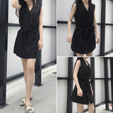 韩版夏季女装新品中长款复古无袖西装马甲背心连衣裙显瘦短裙子潮