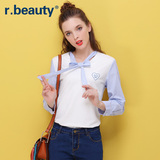 r．beauty新款学院风大码女装条纹长袖拼接假两件套头T恤r16B8379