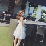 韩国代购2016夏装新款女装露肩蓬蓬中裙白色夏季小香风蕾丝连衣裙