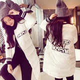 2015冬装新款韩版气质简约字母印花修身中长款棉衣外套女装棒球服