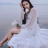早春韩国长袖白色超仙女神拖地长裙雪纺连衣裙海边度假沙滩裙子女