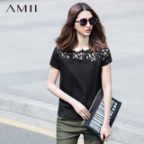Amii[极简主义]2016夏装短袖纯色蕾丝宽松棉T恤女白色大码打底衫