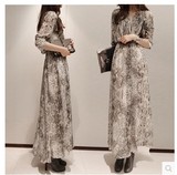 Zara香港代购秋冬新款时尚欧美蛇纹长袖雪纺长款连衣裙OL风格长裙