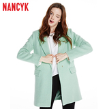 Nancyk冬装新品中长款韩版时尚外套长袖浅绿色风衣西装领毛呢大衣