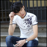 精品夏天男装新款时尚流行韩版男士修身纯棉立领印花短袖t恤汗衫