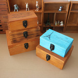 kka杂货 创意复古实木制做旧锁箱化妆品收纳盒杂物小木收纳箱子