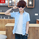 夏季男士个性短袖衬衫韩版修身拉链半袖衬衣青少年时尚开衫外套潮