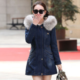 2015冬季牛仔外套女韩版修身大毛领中长款女装加厚保暖棉衣