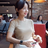 韩版2016夏季新款半高领修身短袖针织衫女薄款紧身套头打底衫上衣