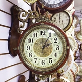欧式客厅挂钟仿古双面静音大号实木两面石英钟表田园创意个性时钟