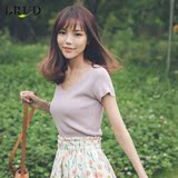 LRUD2016夏季新款韩版V领纯色针织衫女弹力短款套头短袖打底衫