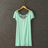 外贸原单2015夏季女装新款 莫代尔纯棉蕾丝拼接中长款短袖Tt恤
