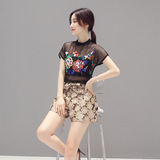 2016夏季新款 韩版时尚欧根纱透视刺绣上衣花朵短裤套装两件套