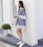 夏季日系甜美格子喇叭袖短裙 蕾丝拼接格纹一字领露肩流苏连衣裙