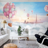 简约大型壁画热气球 客厅电视背景墙壁纸 卧室主题墙纸铁塔天空