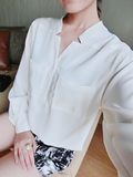 春装新款镂空V领纯色衬衣长袖宽松白衬衫女时尚打底衫