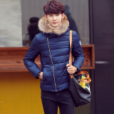韩版潮装连帽毛领青年男士冬季保暖棉衣短款修身时尚轻薄棉衣外套