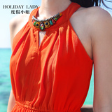 度假小姐夏季波西米亚沙滩裙泰国海滩裙橙色连衣裙镂空侧开叉长裙