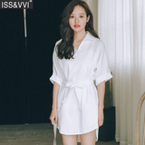 夏季韩版学生休闲白色中长款衬衣女 宽松v领收腰短袖衬衫连衣裙潮