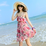波西米亚 吊带短款 甜美雪纺连衣裙 海边度假沙滩裙燕尾裙子
