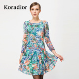 Koradior/珂莱蒂尔正品秋款韩版网纱收腰修身显瘦时尚印花连衣裙