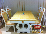 欧式餐桌 天然米黄玉 松香玉大理石长桌椅组合 实木1.8米白色长桌