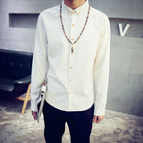 长袖亚麻衬衫男士青少年韩版修身大码纯色棉麻方领休闲衬衣潮2016