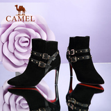 Camel骆驼女鞋通勤优雅短靴 真皮尖头超高跟细跟拉链女靴