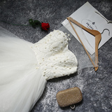 一字肩新娘婚纱新款2016 白色前短后长拖尾修身蕾丝婚纱手工花朵