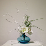 蓝色艺术玻璃插花 样板房卫生间花艺套装假花枯枝兰花小花艺包邮